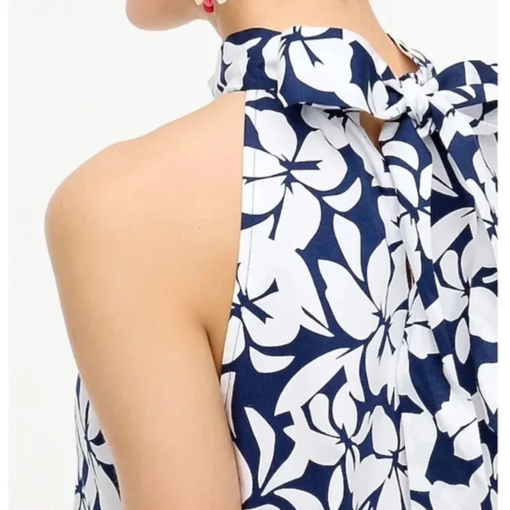J.Crew Floral Tie Neck Mini Dress Navy White Cotton Resort Shift Vacation Party